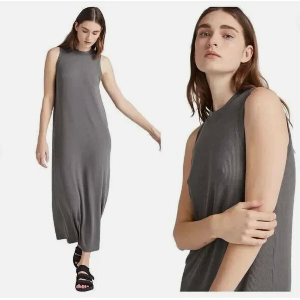 RicherPoorer Vintage Rib Column Dress gunmetal gray high neck sleeveless maxi Lg